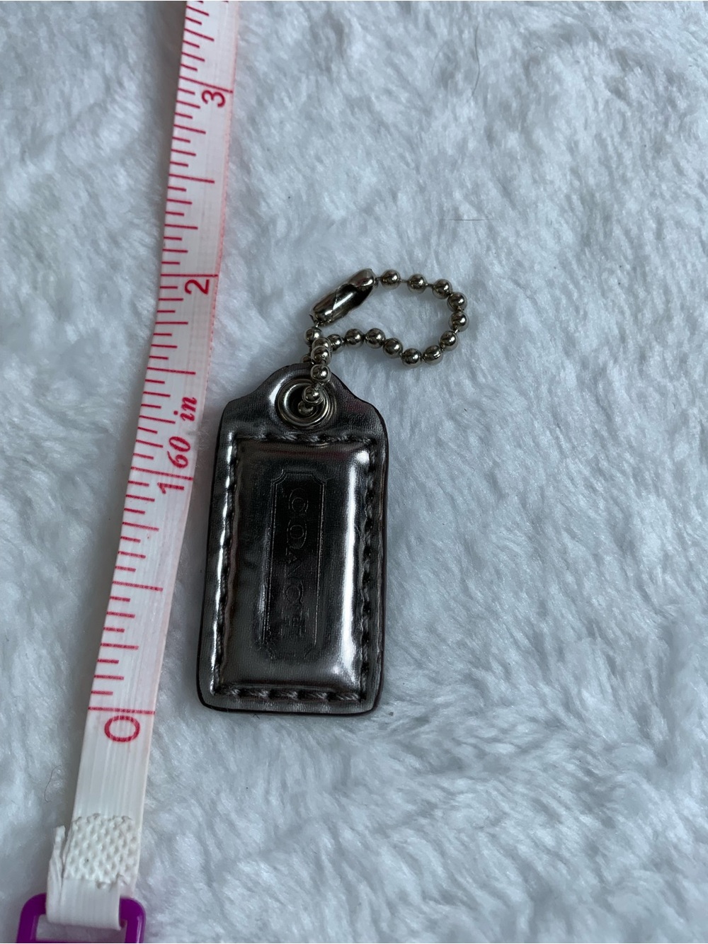 Coach Silver Metallic Leather Tag Keychain with Ball Chain (100)
